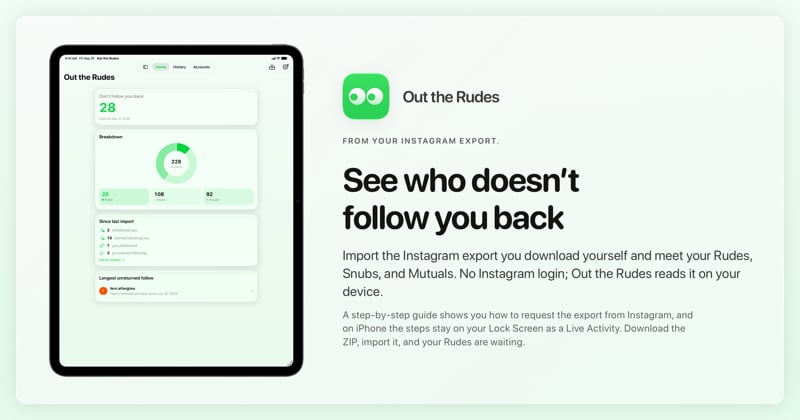 The Out the Rudes share image, showing the app on iPad Pro 13-inch with its icon, name and headline for the Papermoon account, in the Green tint, light appearance.