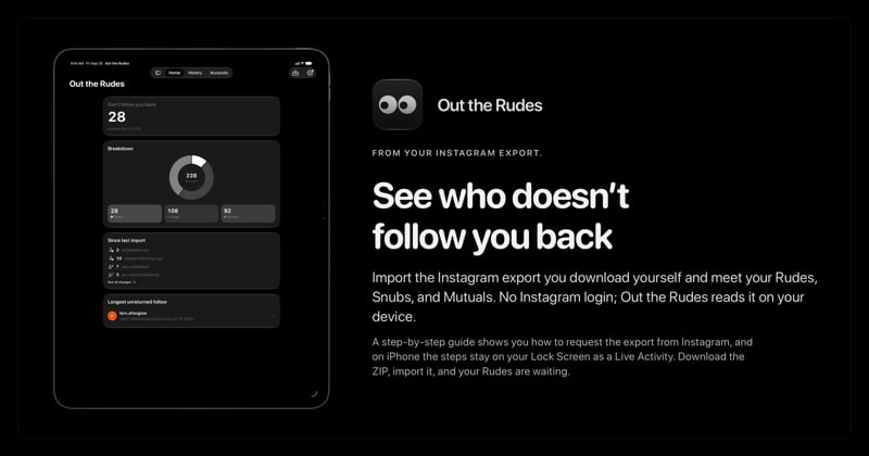 The Out the Rudes share image, showing the app on iPad Pro 13-inch with its icon, name and headline for the Papermoon account, in the Grey tint, dark appearance.