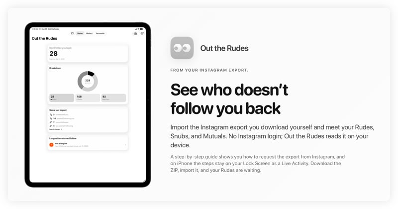 The Out the Rudes share image, showing the app on iPad Pro 13-inch with its icon, name and headline for the Papermoon account, in the Grey tint, light appearance.