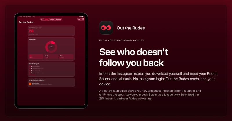 The Out the Rudes share image, showing the app on iPad Pro 13-inch with its icon, name and headline for the Papermoon account, in the Pink tint, dark appearance.