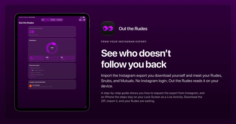 The Out the Rudes share image, showing the app on iPad Pro 13-inch with its icon, name and headline for the Papermoon account, in the Purple tint, dark appearance.