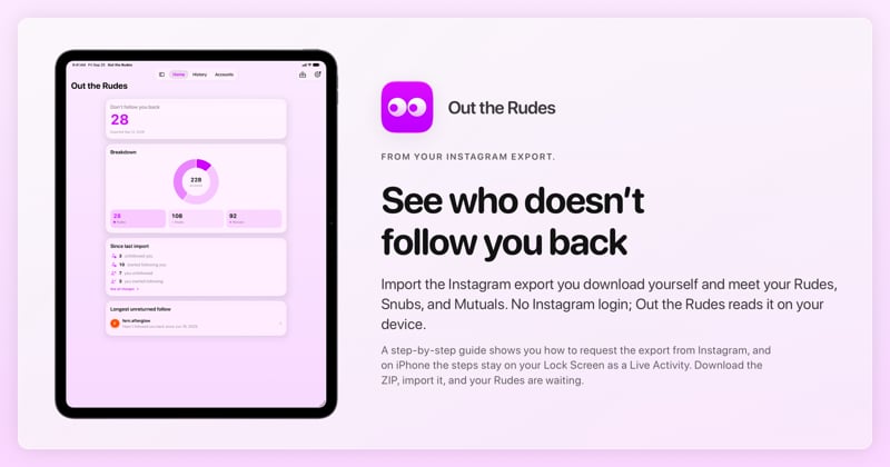 The Out the Rudes share image, showing the app on iPad Pro 13-inch with its icon, name and headline for the Papermoon account, in the Purple tint, light appearance.