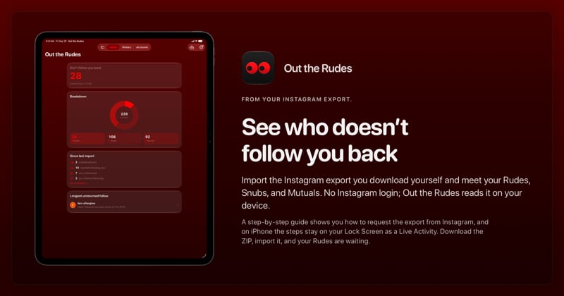 The Out the Rudes share image, showing the app on iPad Pro 13-inch with its icon, name and headline for the Papermoon account, in the Red tint, dark appearance.