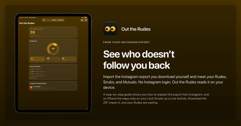 The Out the Rudes share image, showing the app on iPad Pro 13-inch with its icon, name and headline for the Papermoon account, in the Yellow tint, dark appearance.