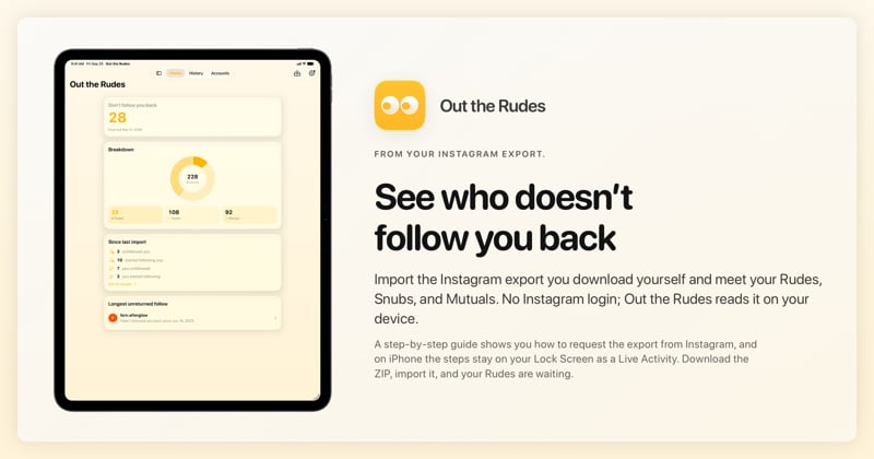 The Out the Rudes share image, showing the app on iPad Pro 13-inch with its icon, name and headline for the Papermoon account, in the Yellow tint, light appearance.