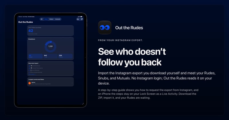 The Out the Rudes share image, showing the app on iPad Pro 13-inch with its icon, name and headline for the Saltmarsh account, in the Blue tint, dark appearance.