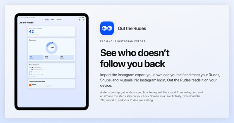 The Out the Rudes share image, showing the app on iPad Pro 13-inch with its icon, name and headline for the Saltmarsh account, in the Blue tint, light appearance.