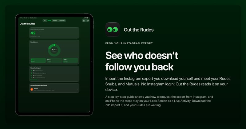 The Out the Rudes share image, showing the app on iPad Pro 13-inch with its icon, name and headline for the Saltmarsh account, in the Green tint, dark appearance.