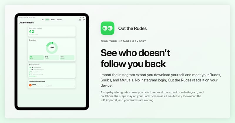The Out the Rudes share image, showing the app on iPad Pro 13-inch with its icon, name and headline for the Saltmarsh account, in the Green tint, light appearance.
