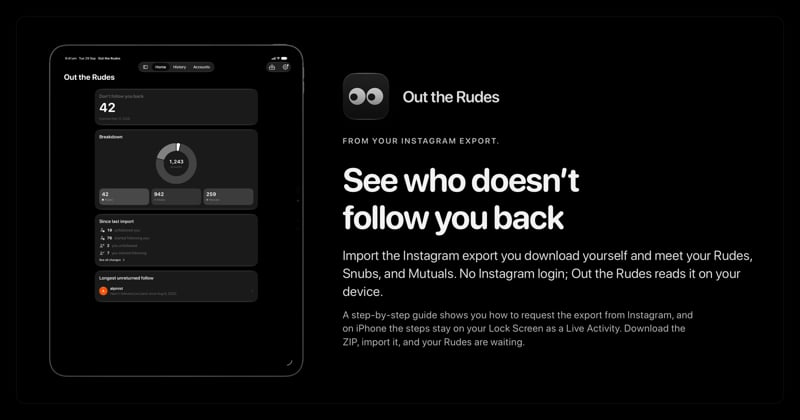 The Out the Rudes share image, showing the app on iPad Pro 13-inch with its icon, name and headline for the Saltmarsh account, in the Grey tint, dark appearance.