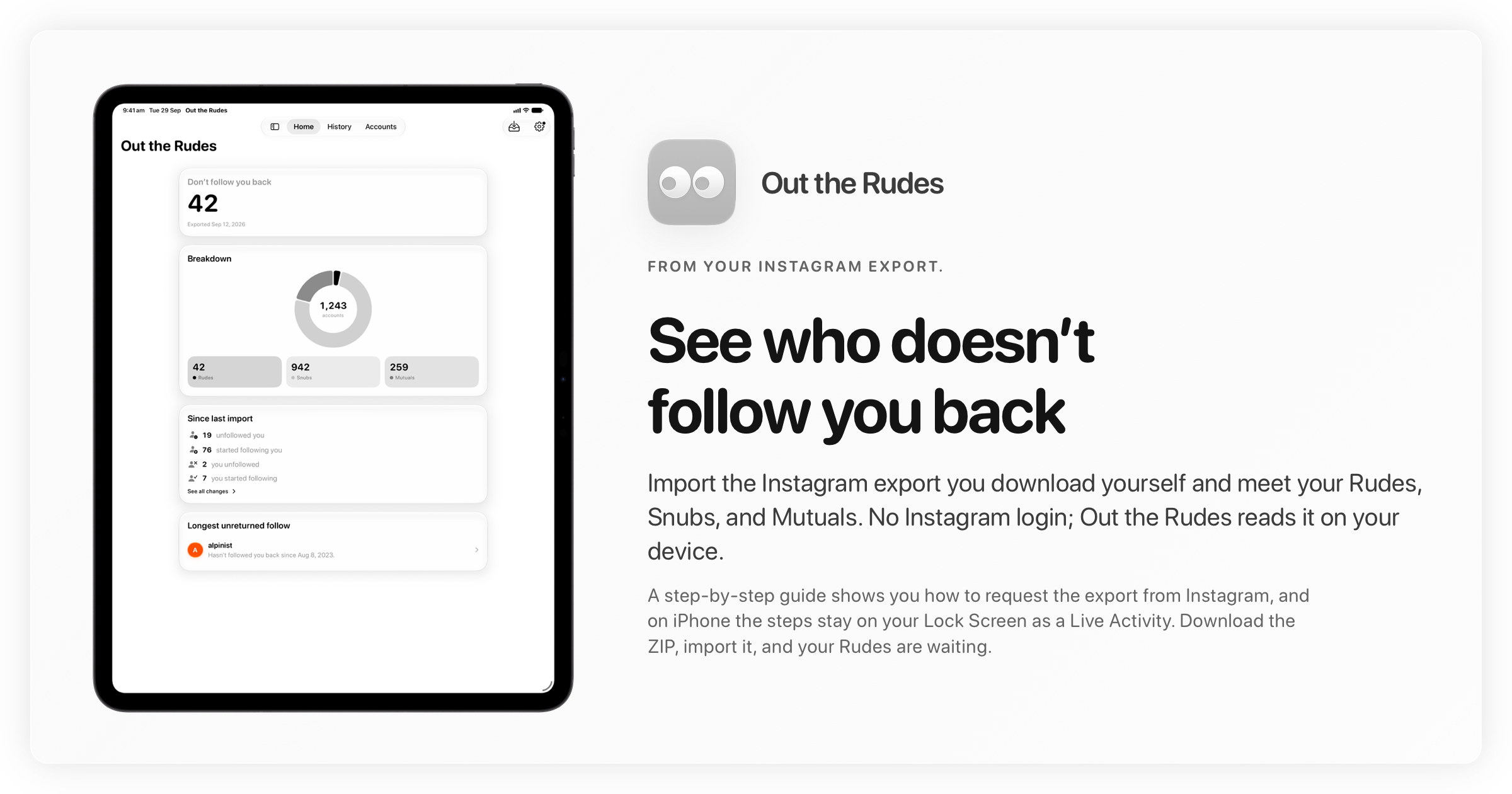 The Out the Rudes share image, showing the app on iPad Pro 13-inch with its icon, name and headline for the Saltmarsh account, in the Grey tint, light appearance.
