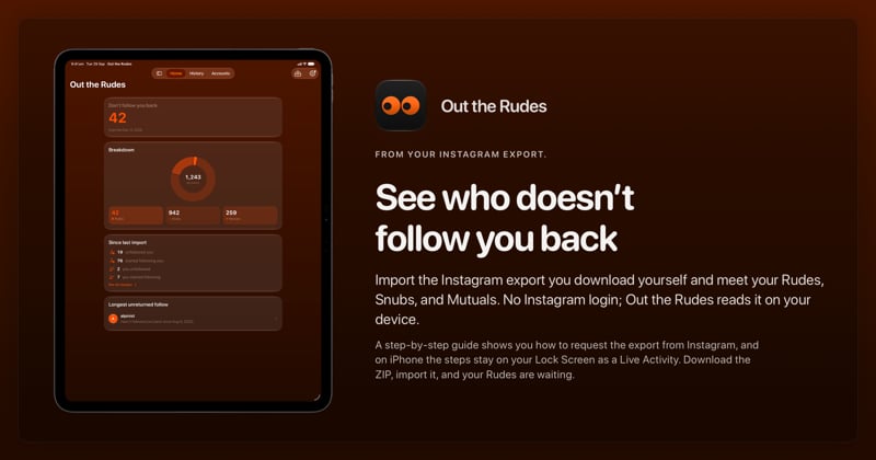 The Out the Rudes share image, showing the app on iPad Pro 13-inch with its icon, name and headline for the Saltmarsh account, in the Orange tint, dark appearance.