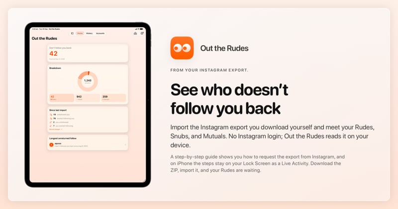 The Out the Rudes share image, showing the app on iPad Pro 13-inch with its icon, name and headline for the Saltmarsh account, in the Orange tint, light appearance.