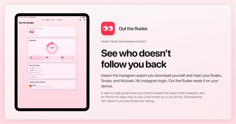 The Out the Rudes share image, showing the app on iPad Pro 13-inch with its icon, name and headline for the Saltmarsh account, in the Pink tint, light appearance.