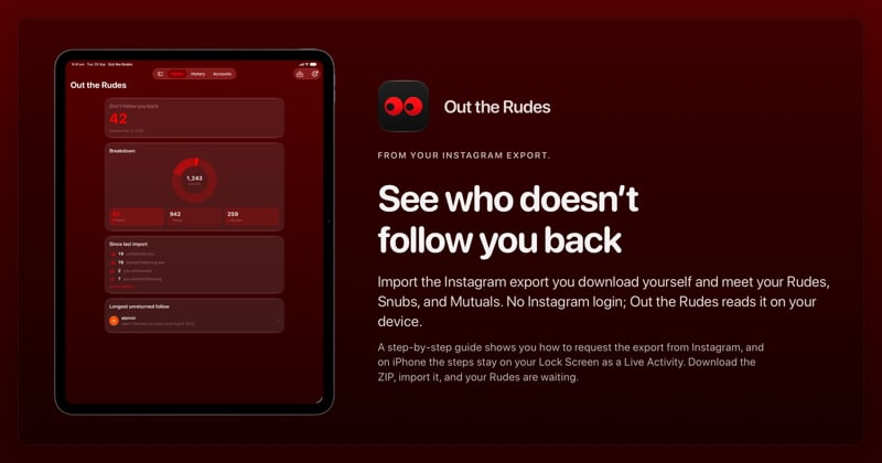 The Out the Rudes share image, showing the app on iPad Pro 13-inch with its icon, name and headline for the Saltmarsh account, in the Red tint, dark appearance.