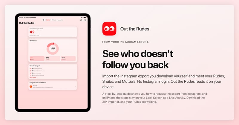The Out the Rudes share image, showing the app on iPad Pro 13-inch with its icon, name and headline for the Saltmarsh account, in the Red tint, light appearance.