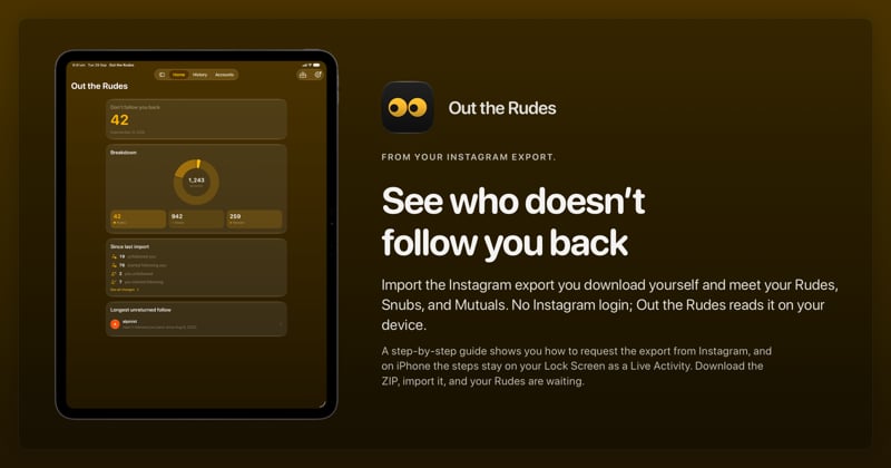 The Out the Rudes share image, showing the app on iPad Pro 13-inch with its icon, name and headline for the Saltmarsh account, in the Yellow tint, dark appearance.