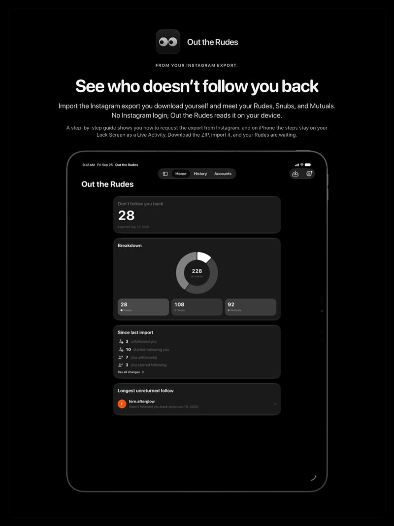 The Out the Rudes share image, showing the app on iPad Pro 13-inch with its icon, name and headline for the Papermoon account, in the Grey tint, dark appearance.