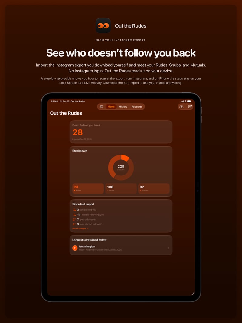 The Out the Rudes share image, showing the app on iPad Pro 13-inch with its icon, name and headline for the Papermoon account, in the Orange tint, dark appearance.