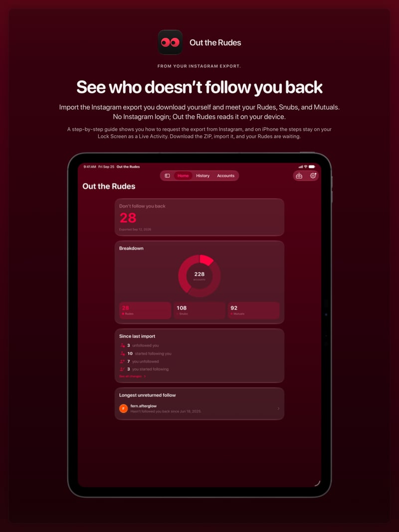 The Out the Rudes share image, showing the app on iPad Pro 13-inch with its icon, name and headline for the Papermoon account, in the Pink tint, dark appearance.