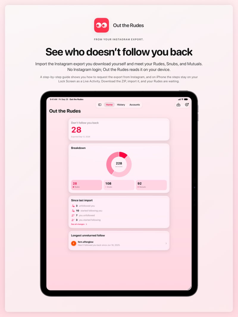 The Out the Rudes share image, showing the app on iPad Pro 13-inch with its icon, name and headline for the Papermoon account, in the Pink tint, light appearance.