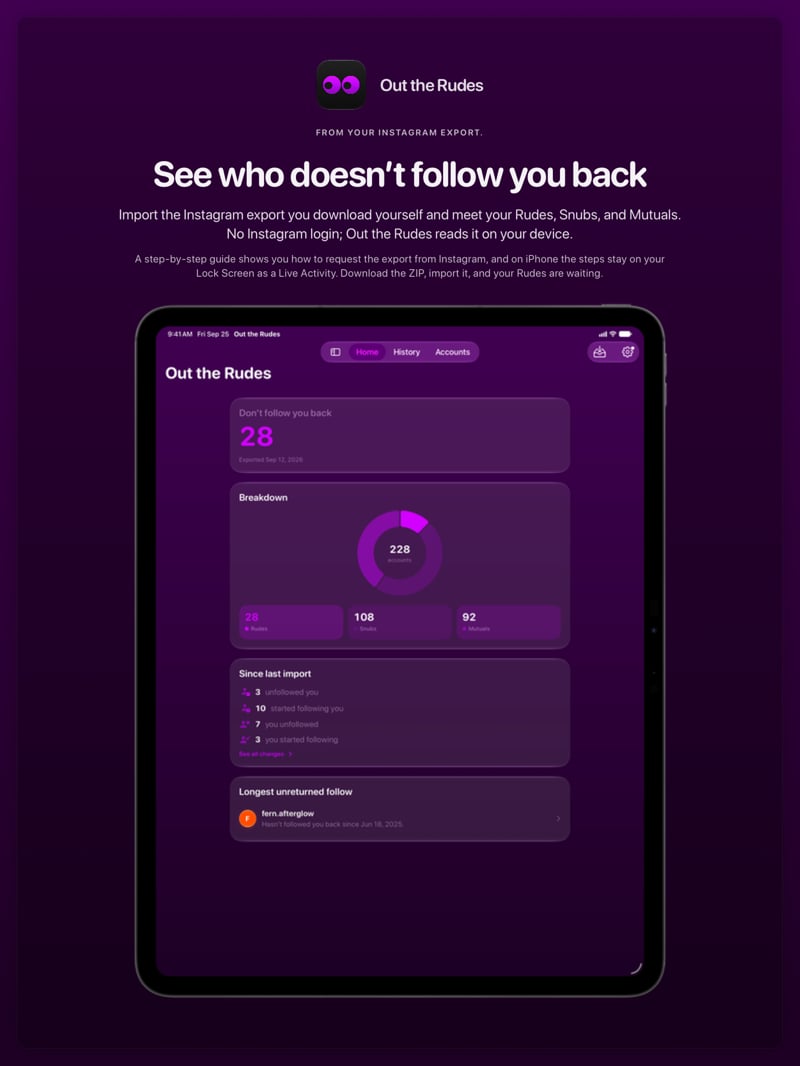 The Out the Rudes share image, showing the app on iPad Pro 13-inch with its icon, name and headline for the Papermoon account, in the Purple tint, dark appearance.