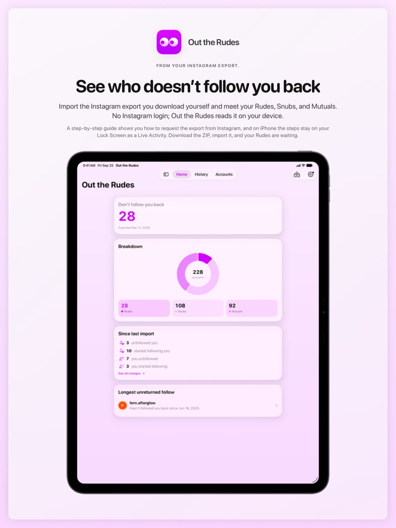 The Out the Rudes share image, showing the app on iPad Pro 13-inch with its icon, name and headline for the Papermoon account, in the Purple tint, light appearance.