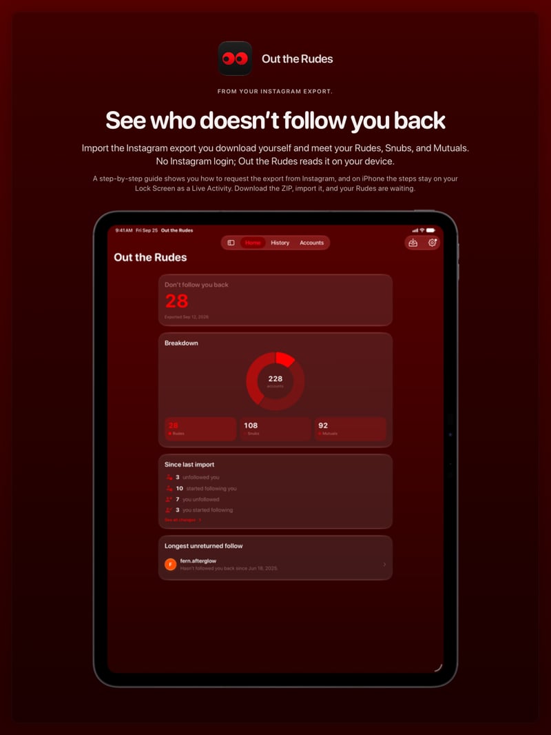 The Out the Rudes share image, showing the app on iPad Pro 13-inch with its icon, name and headline for the Papermoon account, in the Red tint, dark appearance.