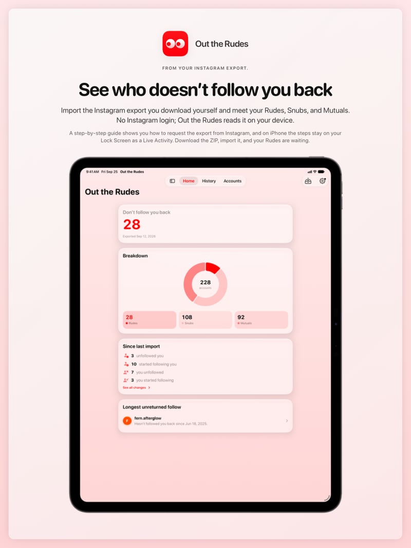 The Out the Rudes share image, showing the app on iPad Pro 13-inch with its icon, name and headline for the Papermoon account, in the Red tint, light appearance.