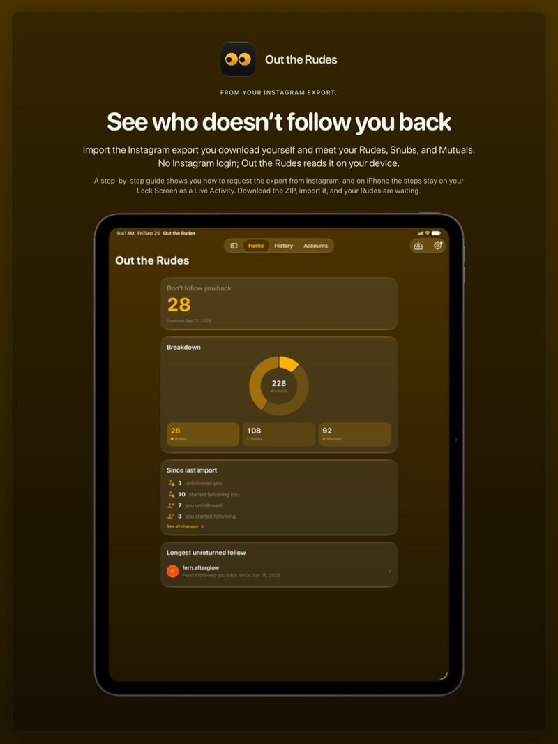 The Out the Rudes share image, showing the app on iPad Pro 13-inch with its icon, name and headline for the Papermoon account, in the Yellow tint, dark appearance.