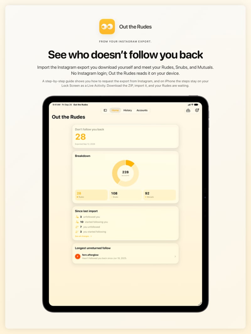 The Out the Rudes share image, showing the app on iPad Pro 13-inch with its icon, name and headline for the Papermoon account, in the Yellow tint, light appearance.