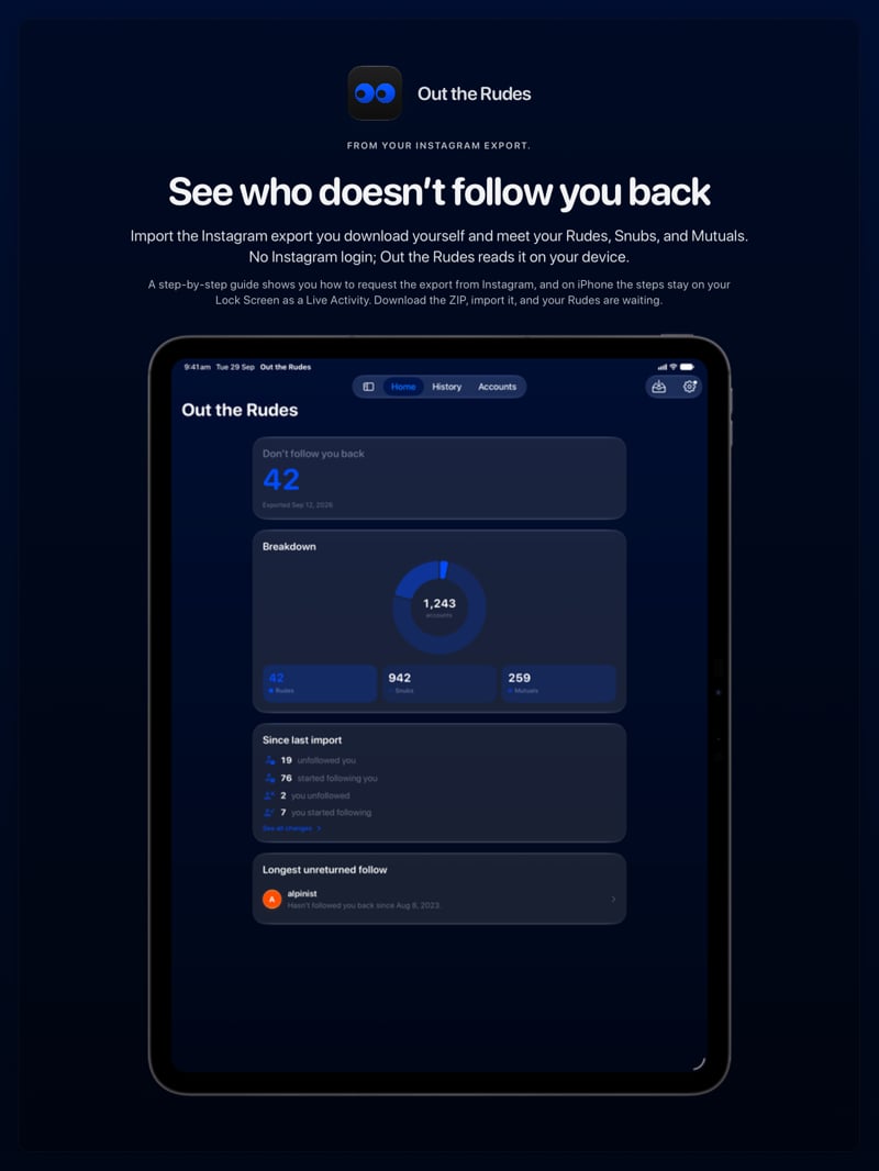 The Out the Rudes share image, showing the app on iPad Pro 13-inch with its icon, name and headline for the Saltmarsh account, in the Blue tint, dark appearance.