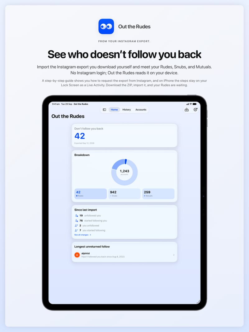 The Out the Rudes share image, showing the app on iPad Pro 13-inch with its icon, name and headline for the Saltmarsh account, in the Blue tint, light appearance.