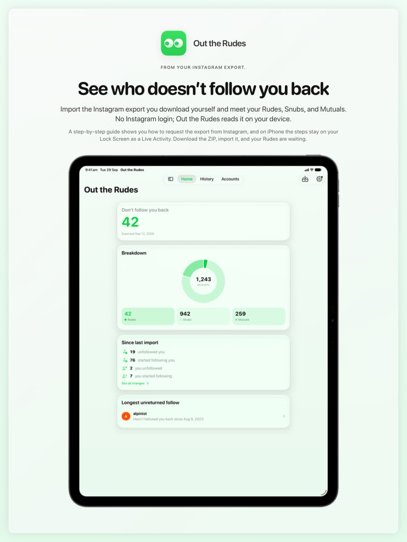 The Out the Rudes share image, showing the app on iPad Pro 13-inch with its icon, name and headline for the Saltmarsh account, in the Green tint, light appearance.