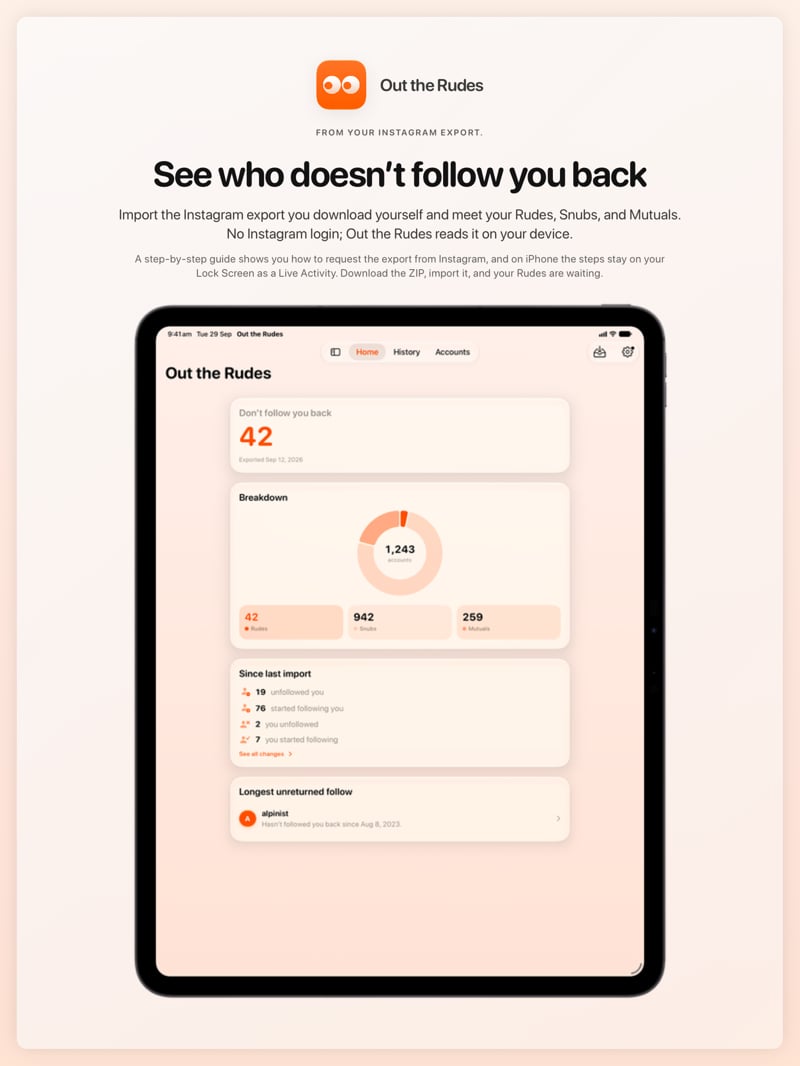 The Out the Rudes share image, showing the app on iPad Pro 13-inch with its icon, name and headline for the Saltmarsh account, in the Orange tint, light appearance.
