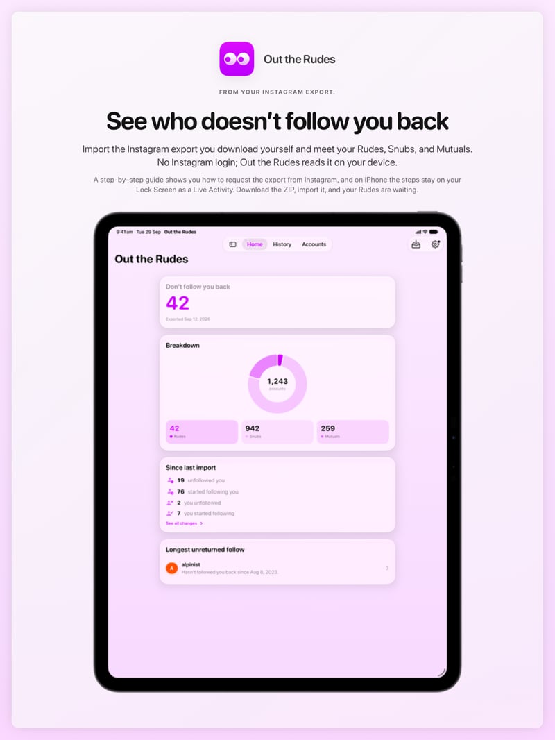 The Out the Rudes share image, showing the app on iPad Pro 13-inch with its icon, name and headline for the Saltmarsh account, in the Purple tint, light appearance.