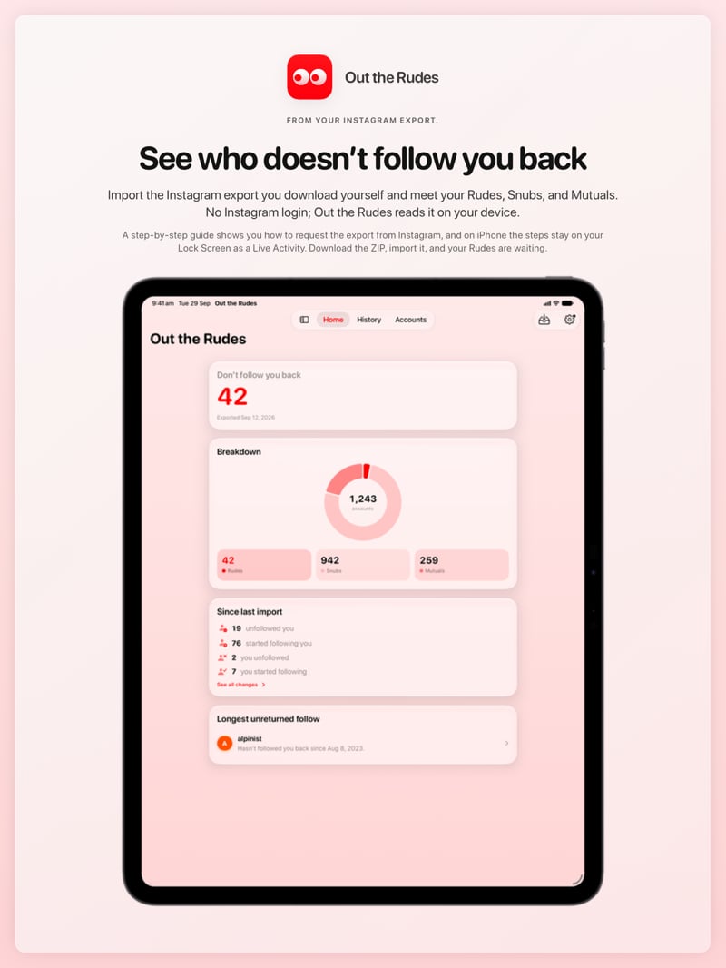 The Out the Rudes share image, showing the app on iPad Pro 13-inch with its icon, name and headline for the Saltmarsh account, in the Red tint, light appearance.