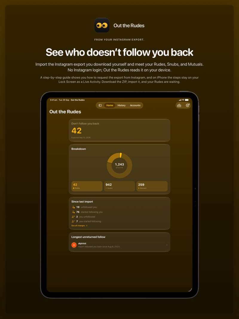 The Out the Rudes share image, showing the app on iPad Pro 13-inch with its icon, name and headline for the Saltmarsh account, in the Yellow tint, dark appearance.