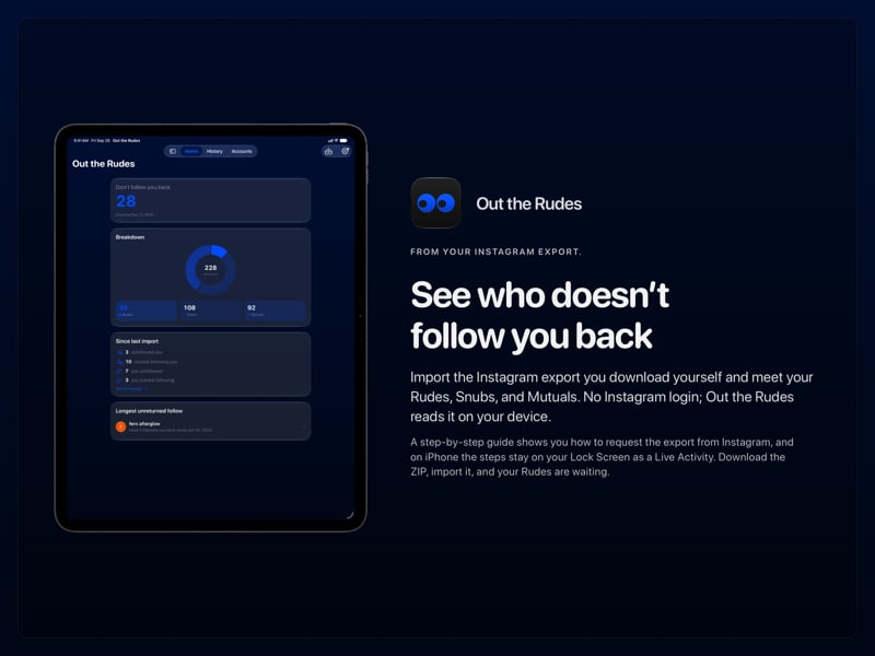 The Out the Rudes share image, showing the app on iPad Pro 13-inch with its icon, name and headline for the Papermoon account, in the Blue tint, dark appearance.