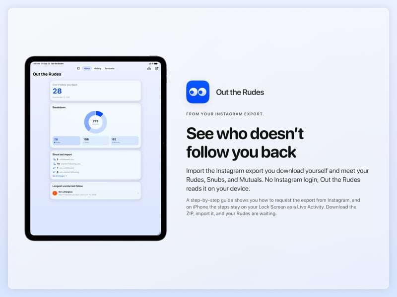 The Out the Rudes share image, showing the app on iPad Pro 13-inch with its icon, name and headline for the Papermoon account, in the Blue tint, light appearance.