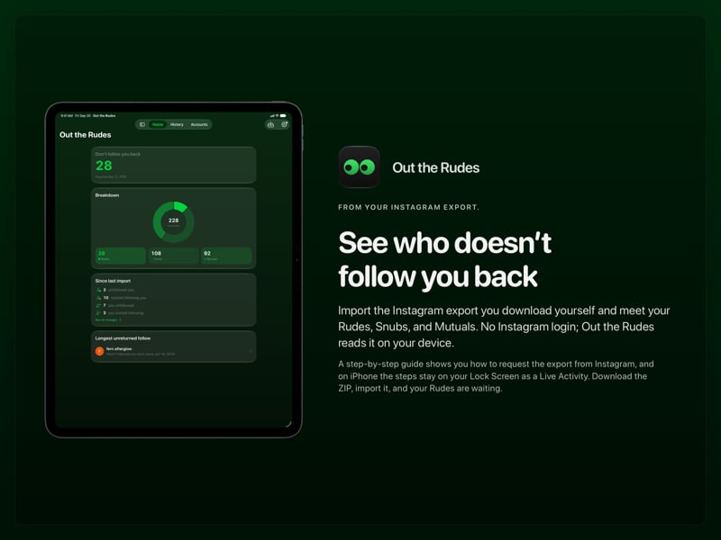 The Out the Rudes share image, showing the app on iPad Pro 13-inch with its icon, name and headline for the Papermoon account, in the Green tint, dark appearance.