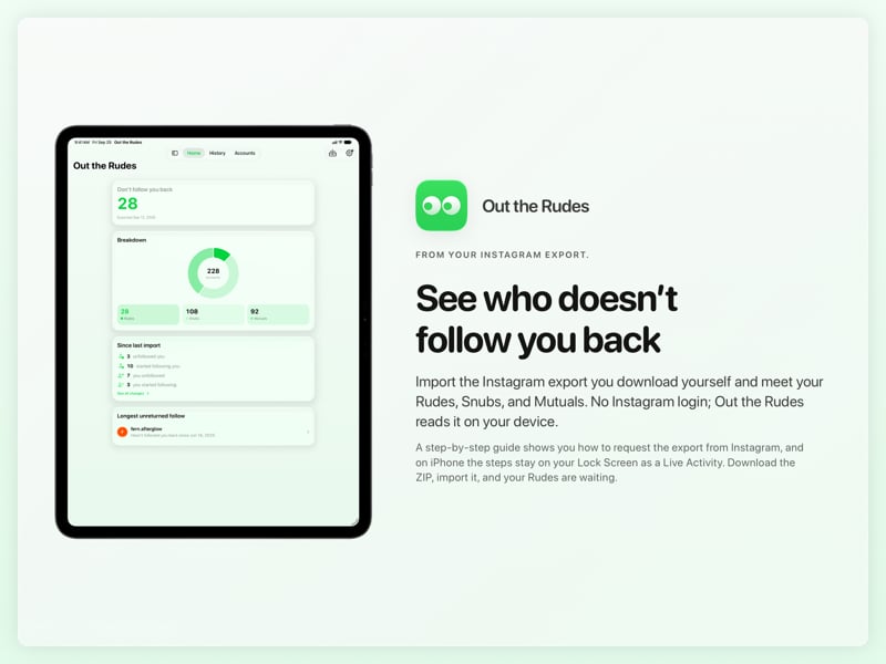 The Out the Rudes share image, showing the app on iPad Pro 13-inch with its icon, name and headline for the Papermoon account, in the Green tint, light appearance.