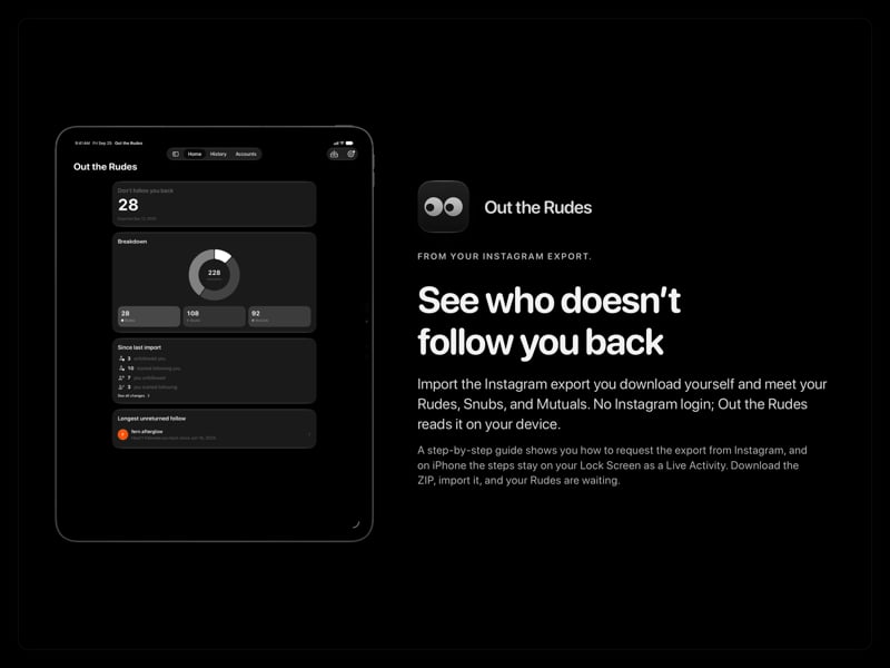 The Out the Rudes share image, showing the app on iPad Pro 13-inch with its icon, name and headline for the Papermoon account, in the Grey tint, dark appearance.