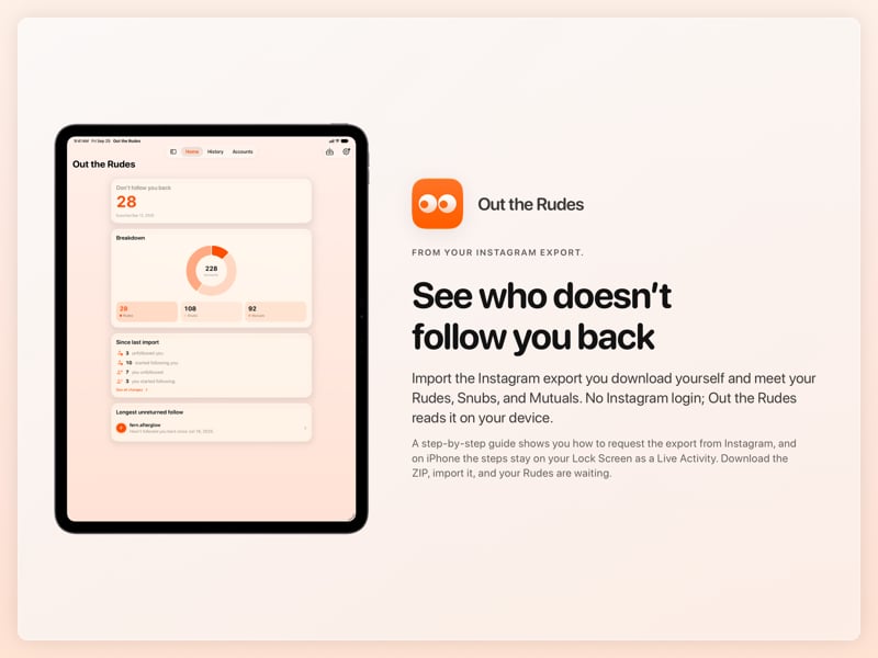 The Out the Rudes share image, showing the app on iPad Pro 13-inch with its icon, name and headline for the Papermoon account, in the Orange tint, light appearance.