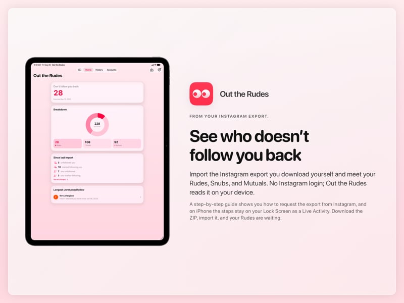 The Out the Rudes share image, showing the app on iPad Pro 13-inch with its icon, name and headline for the Papermoon account, in the Pink tint, light appearance.