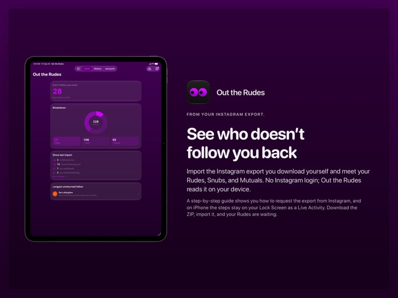 The Out the Rudes share image, showing the app on iPad Pro 13-inch with its icon, name and headline for the Papermoon account, in the Purple tint, dark appearance.