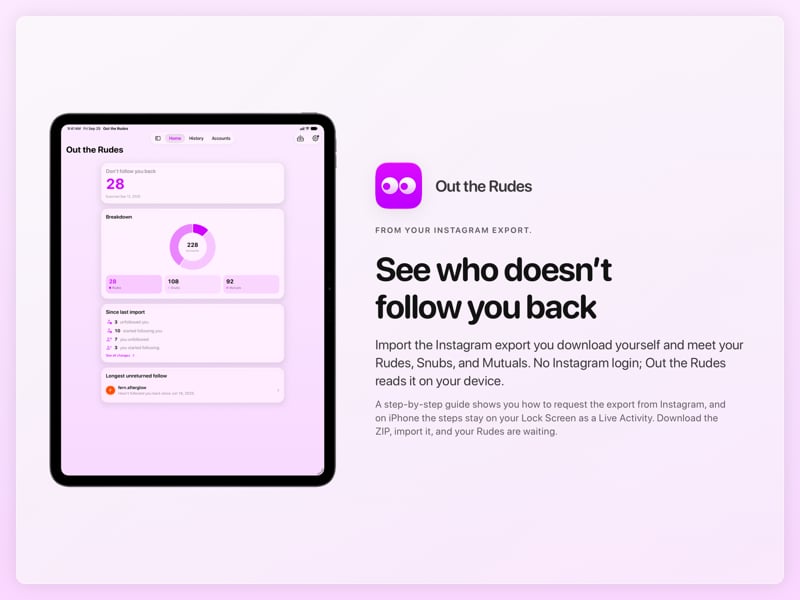 The Out the Rudes share image, showing the app on iPad Pro 13-inch with its icon, name and headline for the Papermoon account, in the Purple tint, light appearance.