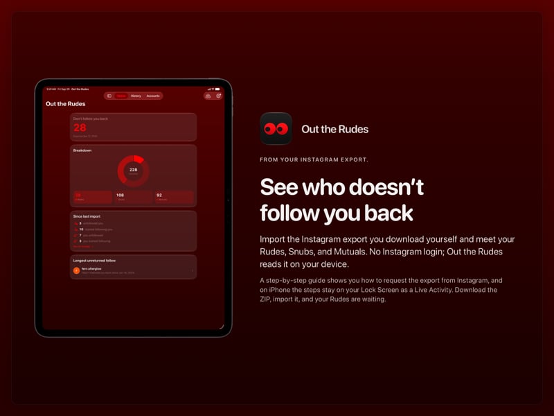 The Out the Rudes share image, showing the app on iPad Pro 13-inch with its icon, name and headline for the Papermoon account, in the Red tint, dark appearance.