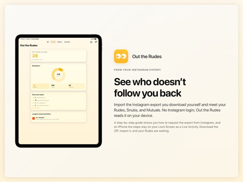 The Out the Rudes share image, showing the app on iPad Pro 13-inch with its icon, name and headline for the Papermoon account, in the Yellow tint, light appearance.