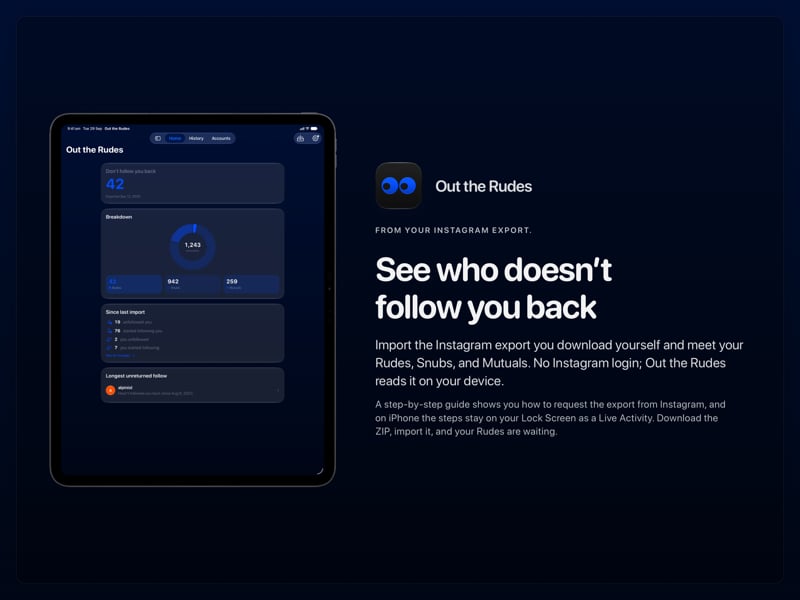 The Out the Rudes share image, showing the app on iPad Pro 13-inch with its icon, name and headline for the Saltmarsh account, in the Blue tint, dark appearance.